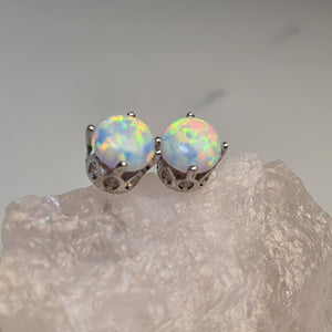 Round Created White Opal Stud Earring, Sterling Silver