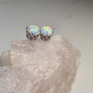 Round Created White Opal Stud Earring, Sterling Silver