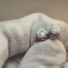 Load image into Gallery viewer, Round Created White Opal Stud Earring, Sterling Silver
