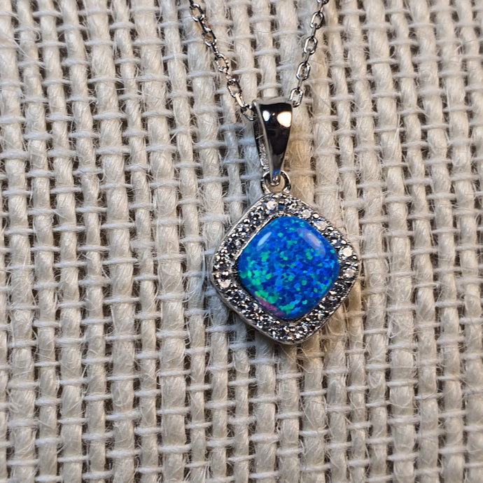 Created Diamond Opal Necklace , Sterling Silver