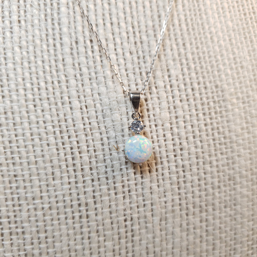 White Created Opal Pendant+ Chain, Sterling Silver