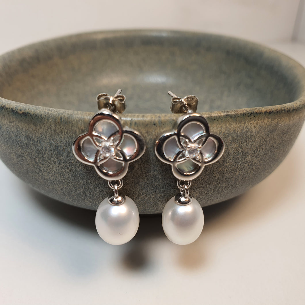 Freshwater Drop Pearl Floral Earring, Sterling Silver