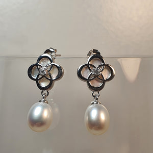 Freshwater Drop Pearl Floral Earring, Sterling Silver