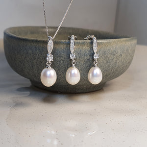 Freshwater Drop Pearl Necklace & Earrings Set, Sterling Silver