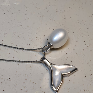 Whale Tail Mother of Pearl & Freshwater Pearl Set, Sterling silver