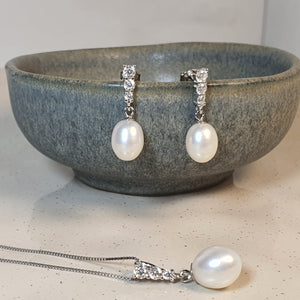 Freshwater Drop Pearl Necklace + Earrings, Sterling Silver