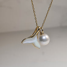 Load image into Gallery viewer, Akoya Pearl &amp; Whale Tail Pendant + Chain, 18K Yellow Gold
