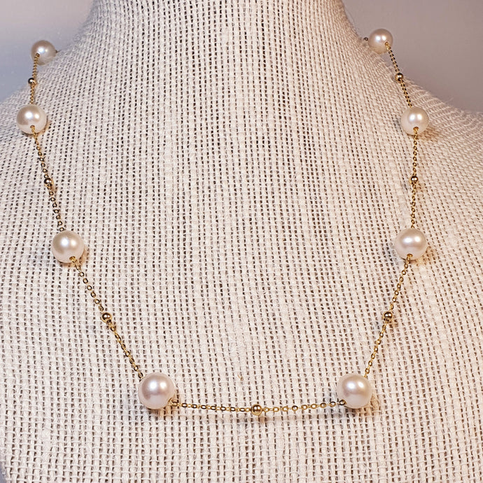 Freshwater Pearl Station Necklace, 18K Yellow Gold