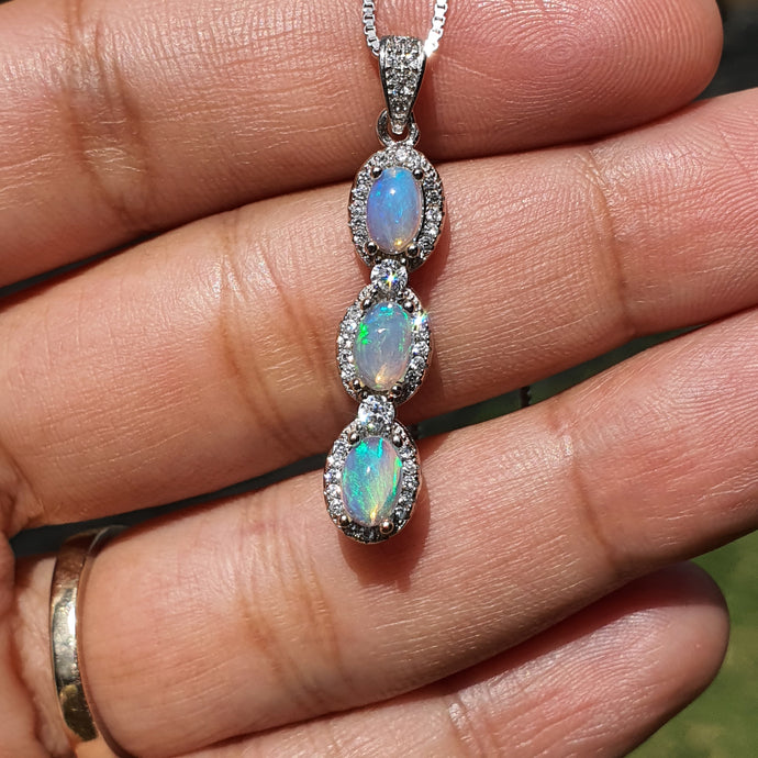 Floating Three Natural Opal Pendant, Sterling Silver