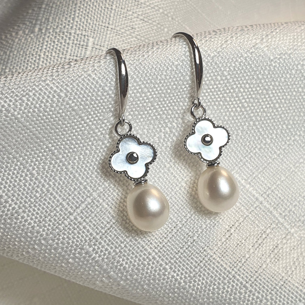 Floral Design & Freshwater Pearl Earrings, Sterling Silver