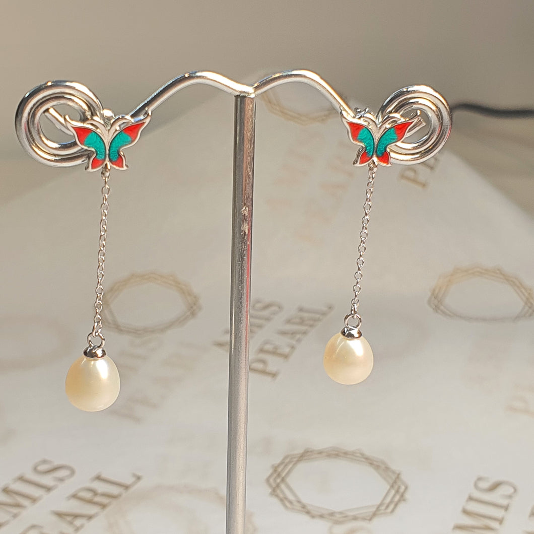 Freshwater Pearl  & Enamel Earrings, Sterling Silver
