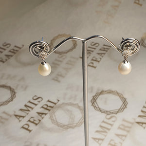 Flower Design & Rice Freshwater Pearl Earring, Sterling Silver