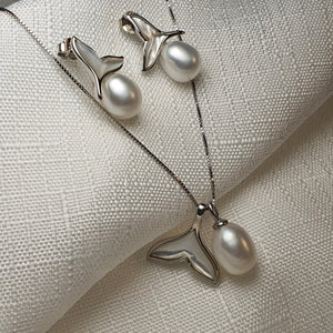 Whale Tail Mother of Pearl & Freshwater Pearl Set, Sterling silver