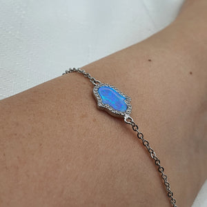 Created Blue Opal Hamsa Hand Bracelet, Sterling Silvet