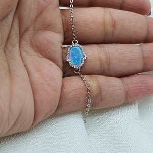Created Blue Opal Hamsa Hand Bracelet, Sterling Silvet