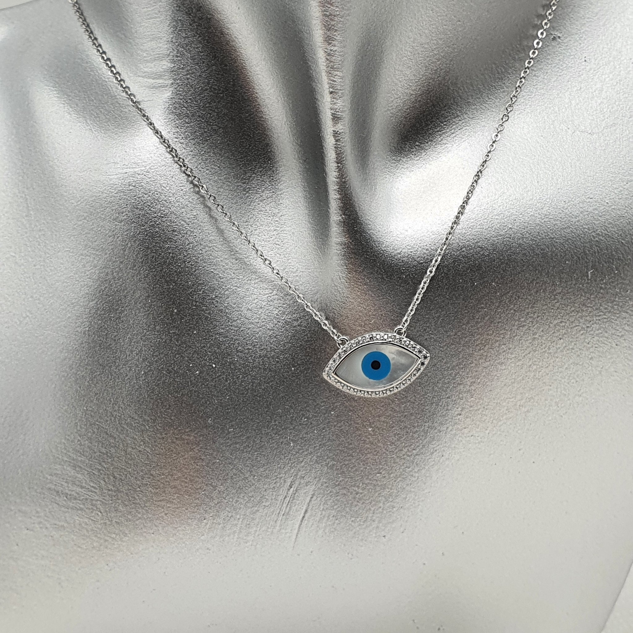 Evil Eye Charm Mother-of-Pearl & Enamel Pendant & Chain Necklace in .925 Sterling Silver Evil Eye Charm Mother-of-Pearl & Enamel Pendant & Chain Necklace in .925 Sterling Silver