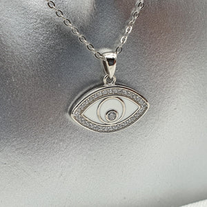 White Evil Eye Enamel Necklace, Sterling Silver