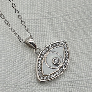 White Evil Eye Enamel Necklace, Sterling Silver