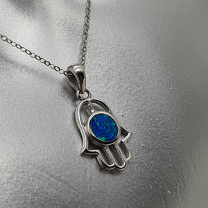 Hamsa Hand Round Opal Necklace, Sterling Silver