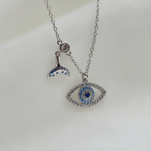 Evil Eye Pendant & Whale Tail Charm Necklace, Sterling Silver