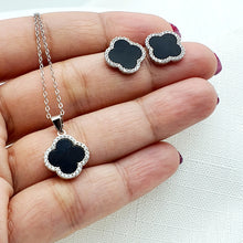 Load image into Gallery viewer, Black Agate 4 Leaf Clover Jewellery Set, Sterling Silver
