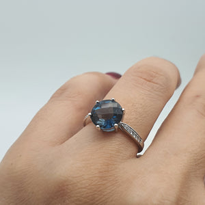Natural Round Sapphire Gemstone Ring, Sterling Silver