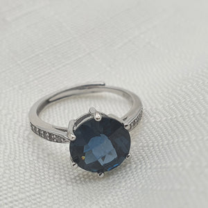 Natural Round Sapphire Gemstone Ring, Sterling Silver