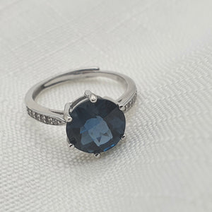 Natural Round Sapphire Gemstone Ring, Sterling Silver