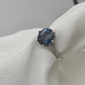 Natural Round Sapphire Gemstone Ring, Sterling Silver