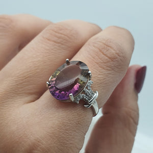 Natural Large Bi-Color Tourmaline Ring, Sterling Silver