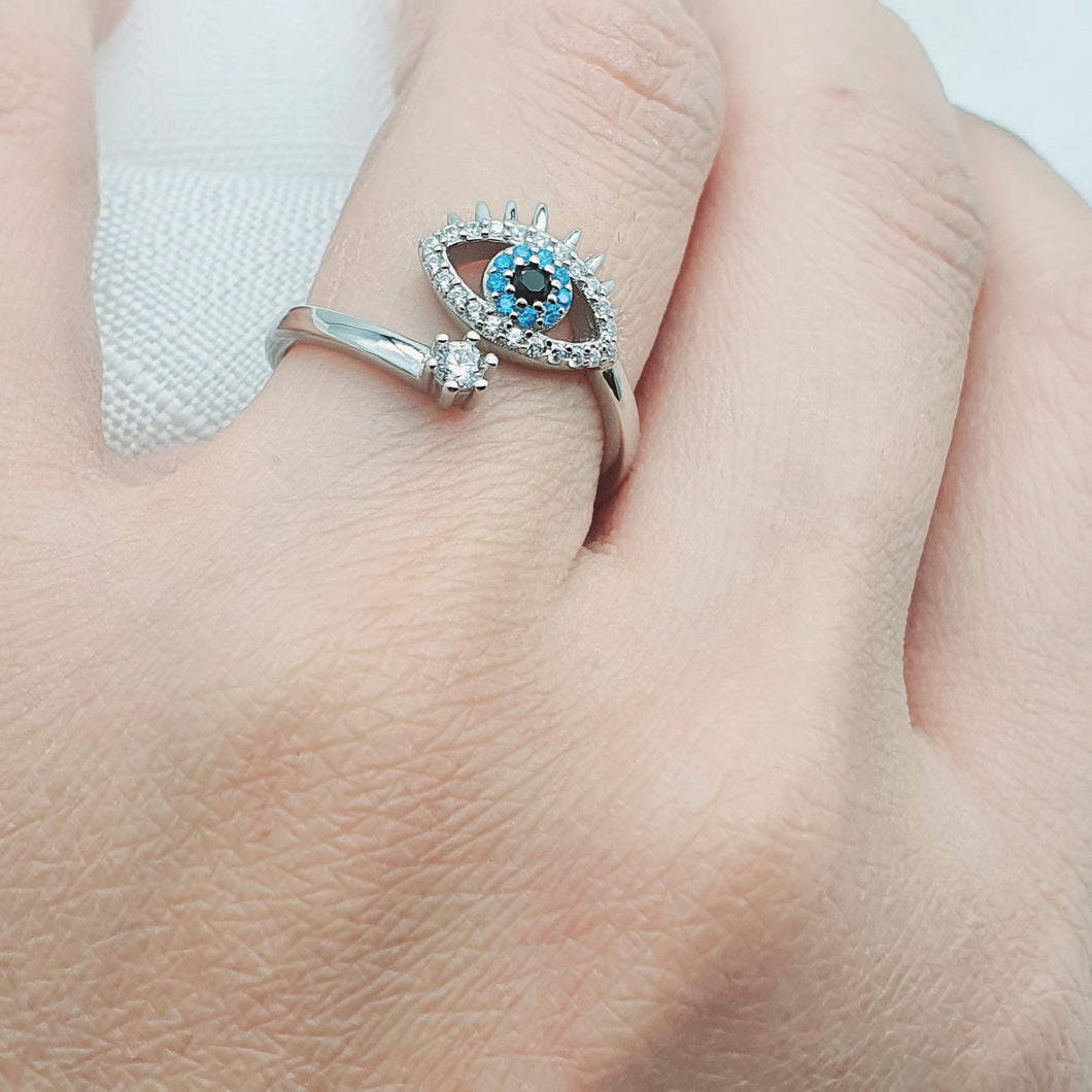 Evil eye Icon Adujstable Ring, Sterling Silver