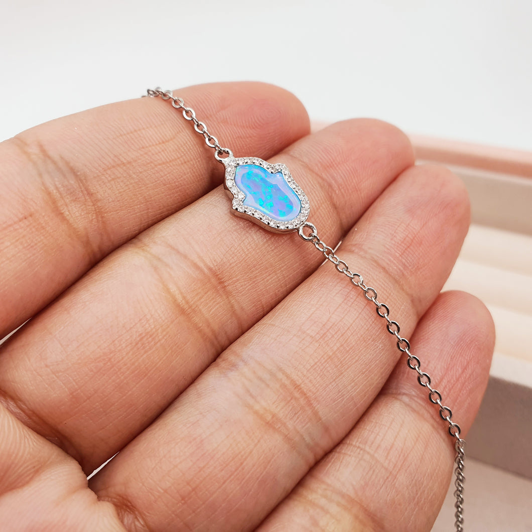 Created Blue Opal Hamsa Hand Bracelet, Sterling Silvet