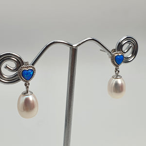 Created Blue Opal & Pearl Earring, Sterling Silver