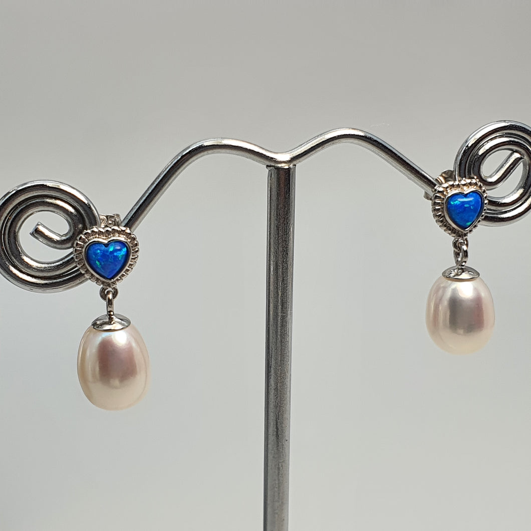 Created Blue Opal & Pearl Earring, Sterling Silver