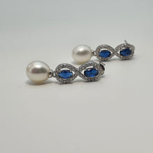 Load image into Gallery viewer, Blue Crystal Infinity &amp; Freshwater Pearl Earrings, Sterling Silver
