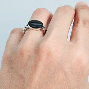 Large Oval Black Onyx Open Ring, Sterling Silver
