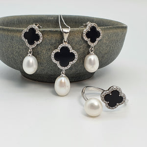 Freshwater Cultured Drop Pearl & Agate Clover Set, Sterling Silver