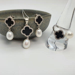 Freshwater Cultured Drop Pearl & Agate Clover Set, Sterling Silver