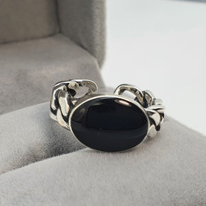 Large Oval Black Onyx Open Ring, Sterling Silver