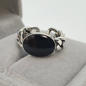 Large Oval Black Onyx Open Ring, Sterling Silver