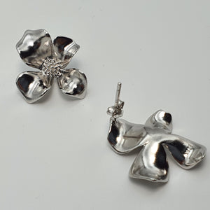 Modern 3D Flower Stud Earrings, Silver Jewelry