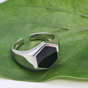 Large Hexagon Black Onyx Open Ring, Sterling Silver