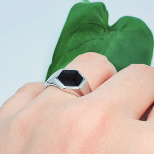 Large Hexagon Black Onyx Open Ring, Sterling Silver