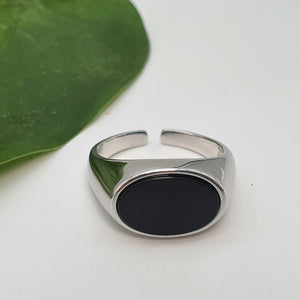 Black Oval Onyx Open Ring, Sterling Silver, Amispearl