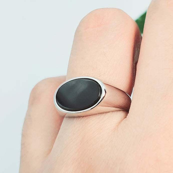 Black Oval Onyx Open Ring, Sterling Silver, Amispearl jewellery