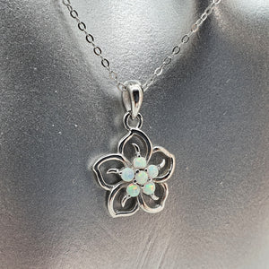 White Created Opal Floral Necklace, Sterling Silver