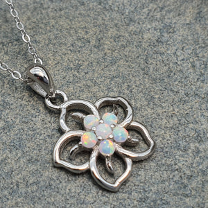 White Created Opal Floral Necklace, Sterling Silver