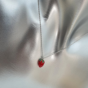 Red 3D Strawberry Necklace, Sterling Silver