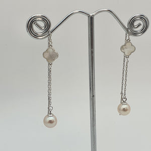 Clover Mother of Pearl & Freshwater Pearl Earrings, Sterling Silver