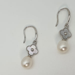 Floral Design & Freshwater Pearl Earrings, Sterling Silver